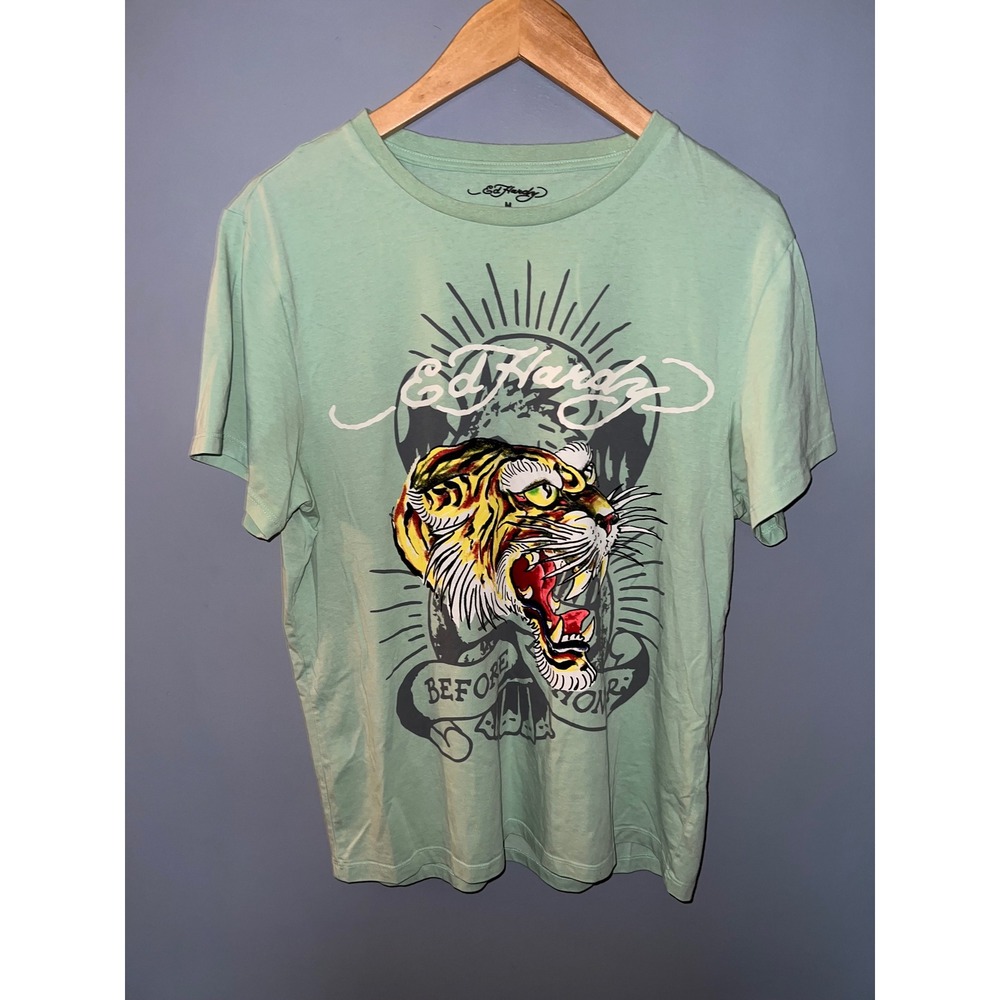 Ed Hardy Mens Mint Green Tiger Graphic T-Shirt Death Before Dishonor Size M